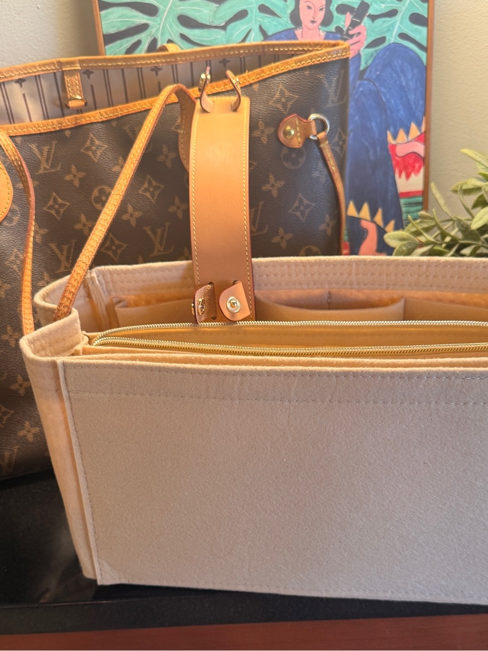 Neverfull Monogram Canvas Tote with Tan Leather Trim and Beige Organizer